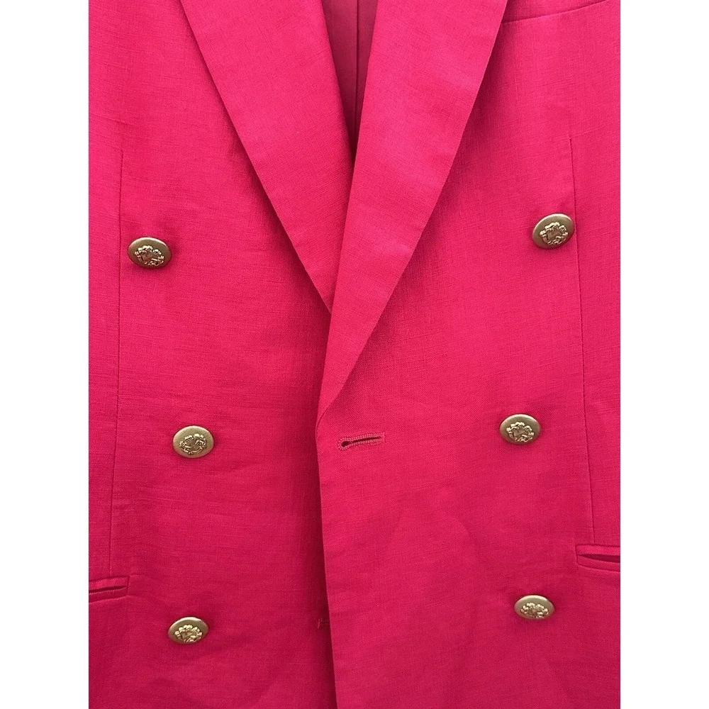 Vtg 90s Valerie Stevens Petites Pink 100% Linen Double Breasted‎ Blazer Sz 10P